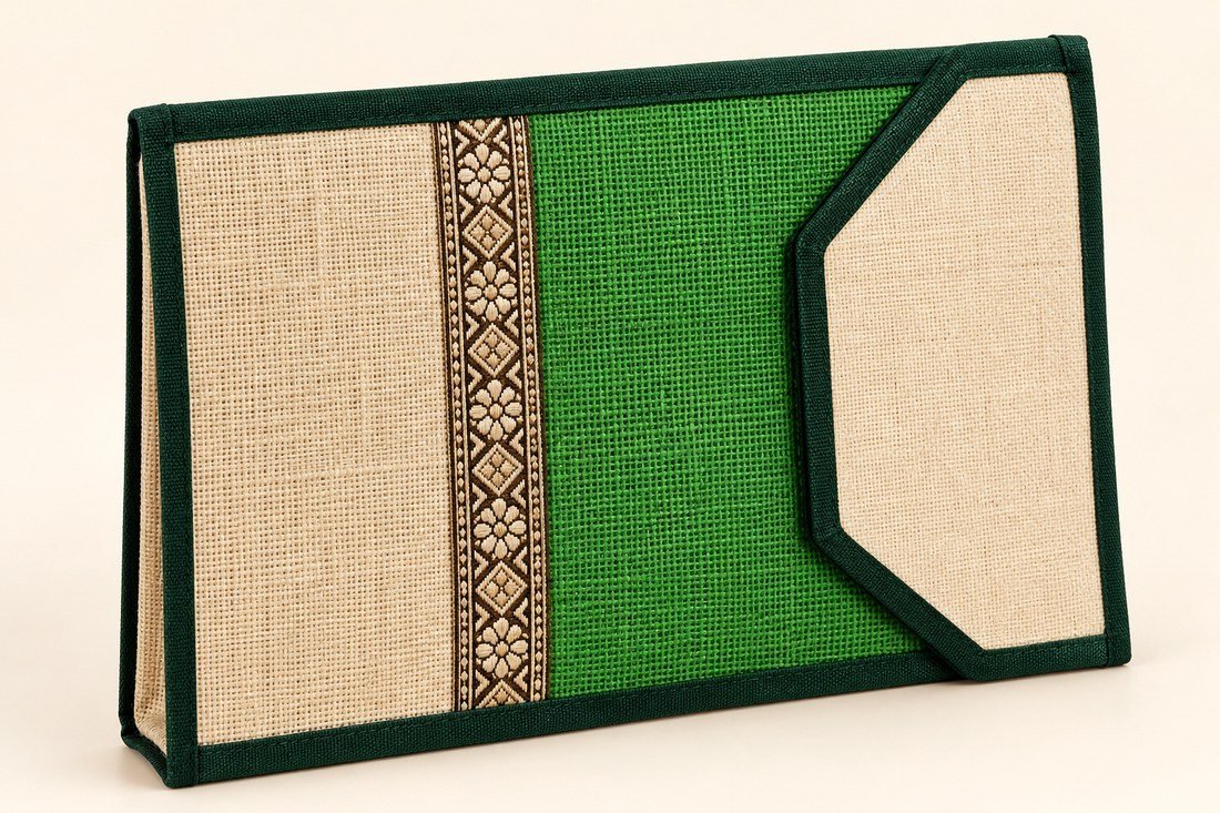 Horizontal Jute Document Folder - Emerald Classic Contrast
