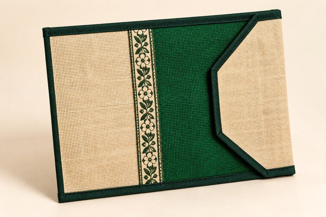 Horizontal Jute Document Folder - Green Floral Ribbon