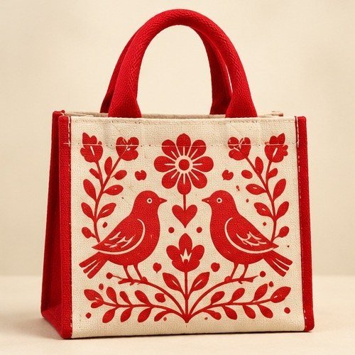Gold Ornament Mini Tote - Red Folk Birds